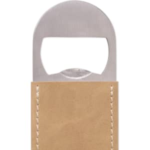 A drink bottle opener with a stainless steel head and a tan PU leather handle. It features stitching and has a logo.