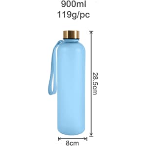 A drink bottle in light blue with a gold lid and a handle, marked as 900ml. Features a logo.