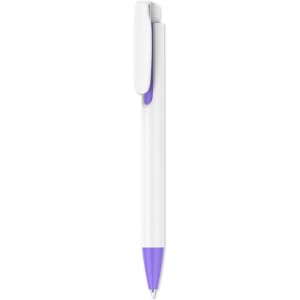 A plastic pen with a creamy white barrel and a purple tip, featuring a clip and a logo.