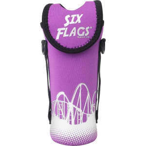 A drink bottle cooler in vibrant purple with a strap and a logo, featuring a roller coaster design.