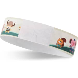 A colourful Tyvek wristband featuring animated characters, designed for events, with a noticeable logo.