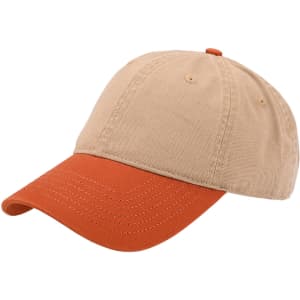 A solid colour fashion cap featuring a beige crown and an orange brim, with a logo on the front.