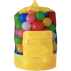 A foldable mesh drawstring backpack in yellow, filled with colourful balls, featuring a front pocket.