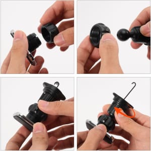 A Square Car Hook Bracket in black, featuring a detachable ball joint and a hook, shown in four assembly steps.