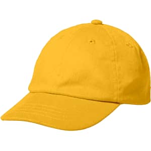 A yellow cap with a curved brim and a fitted design, featuring a logo on the front.