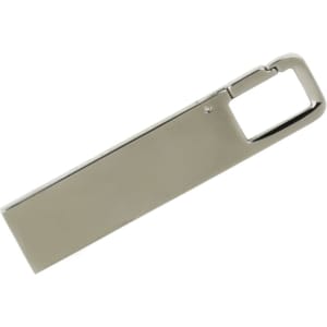A shiny silver flash drive with a rectangular shape and a keyring attachment. It features a logo on its surface.