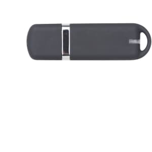 A grey flash drive with a silver accent and a hole for attachment. It features a sleek, minimalist design.