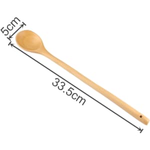 A long handle wooden spoon in a light wood finish, measuring 33.5cm in length and 5cm at the spoon end.