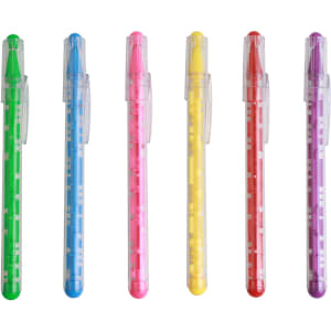 A collection of six Puzzle Maze Pens in green, blue, pink, yellow, red, and purple, each with a clear barrel and a logo.