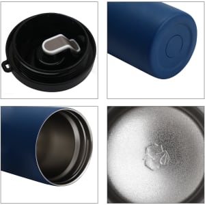 A drink bottle featuring a navy blue exterior, stainless steel interior, and a black lid with a logo.