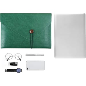 A green PU leather folder with a button closure, accompanied by glasses, a watch, a pen, and a phone.