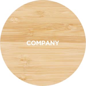A circular bamboo wireless charger with a light wooden texture and a logo in the centre.