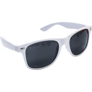 White classic sunglasses with dark lenses and a logo.