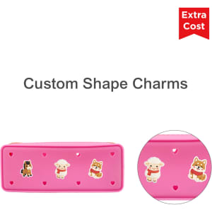 A pink silicone pencil case featuring heart-shaped holes and animal-shaped charms, with a logo on the side.