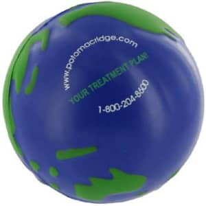 A blue and green stress ball shaped like Earth, featuring a logo and text on the surface.