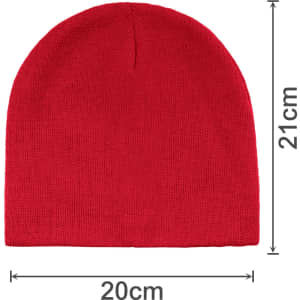 A red beanie hat with a textured finish, measuring 20 cm wide and 21 cm tall, featuring a logo.