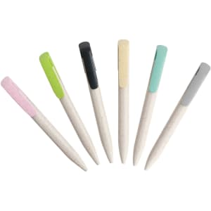 A collection of Wheat Straw Click Pens in pink, green, black, cream, mint, and grey, each featuring a clip and branding.