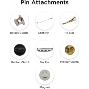 A collection of six different pin attachments displayed on a white background, featuring various designs and finishes.