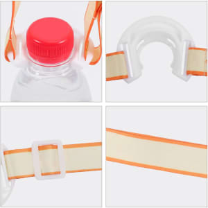 A drink bottle sling lanyard in orange and white, featuring a detachable clip and adjustable strap for secure carrying.