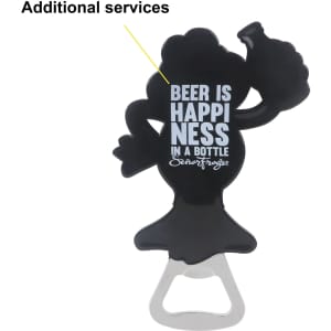 A drink bottle opener in the shape of a black character holding a beer bottle, with a metallic opener base and a logo.