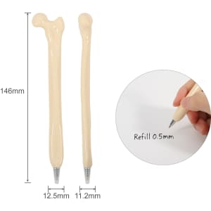 Two femur bone pens in a light cream colour with a silver tip, alongside an image of writing with one of the pens.