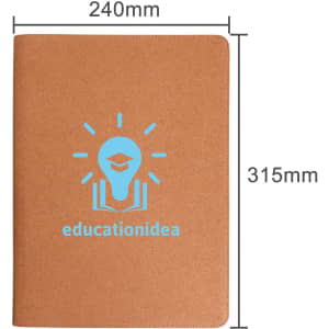 A cork folder in a natural brown colour with a logo printed on the front, featuring dimensions of 240mm by 315mm.