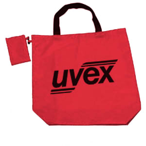 A red foldaway shopping bag with a black logo and a small clip-on pouch.