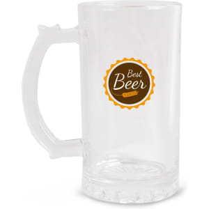 A clear glass beer mug with a sturdy handle and a round logo on the front.