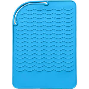 A blue silicone hair straightener pad with a textured wave pattern and a hanging loop. It features a logo.