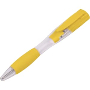 A yellow ballpoint pen flash drive with a transparent body and silver accents. Features a clip and branding.