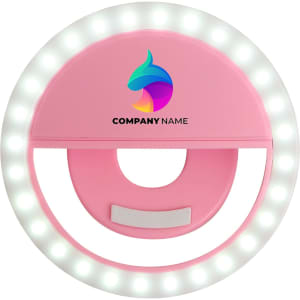 A pink ring selfie light featuring an LED design, with a circular shape and a logo in the centre.