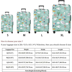 A suitcase cover in a light green colour with a playful pattern, featuring various travel-themed illustrations and a logo.