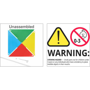 A four-leaf pinwheel is displayed in yellow, green, red, and blue. It is unassembled with a warning label.