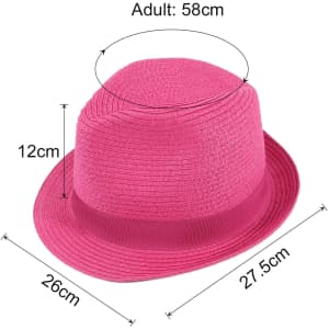 A pink straw hat with a wide brim and a band, measuring 58 cm in circumference and 12 cm in height.