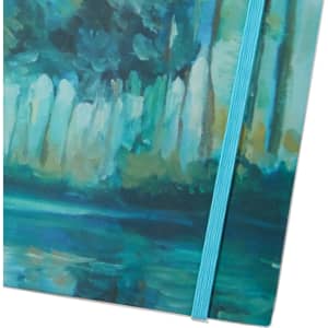 A5 notebook with a full-colour abstract cover and a turquoise elastic band. Features a branding logo.