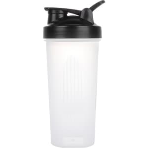 A drink bottle with a clear body and black lid, featuring a loop and a mixer ball for protein shakes.