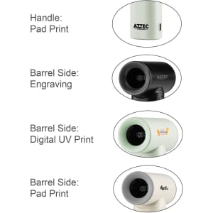 A high-speed portable handheld fan in black, white, and green with branding on the handle and barrel side.