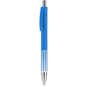 A blue plastic pen with a silver tip and a grip for comfortable writing, featuring a logo on the barrel.