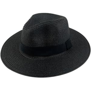 A black Panama beach hat featuring a wide brim and a stylish band. It has a textured woven design.