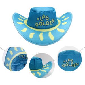 A foldable cowboy hat in blue with yellow accents and a branding logo, featuring a pouch for storage.