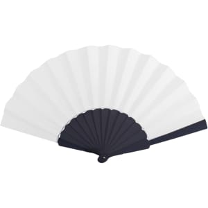 A paper hand-held fan featuring a white fan surface and a navy blue handle. It also includes a logo on the handle.