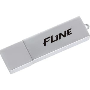 A silver flash drive with a retractable connector and a logo prominently displayed on the side.