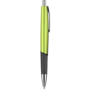 A plastic pen featuring a vibrant green body and a black grip, with a clip and silver accents.