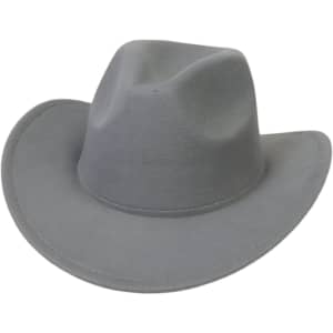 A grey felt cowboy hat with a wide brim and a slightly raised crown, featuring a simple design.