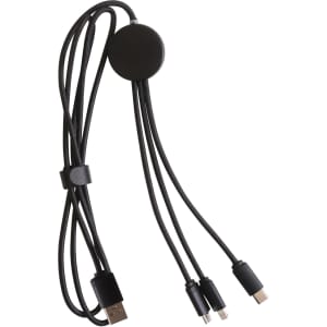 A 1.2m long black charging cable with three connectors and a central shaped connector for organisation.