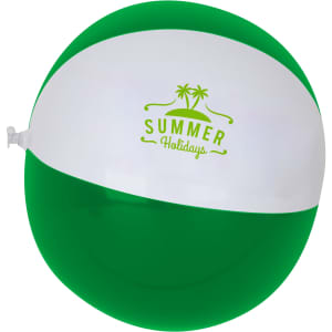 An inflatable beach ball featuring green and white panels, with a logo on the white section.