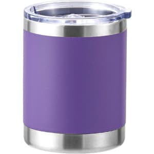 A drink bottle featuring a purple exterior and stainless steel bottom, topped with a clear lid. It has a logo.
