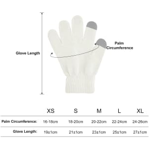 A pair of white knitted gloves with a woven label, displayed with measurements for size options.