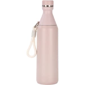 A drink bottle in a soft pink colour, featuring a double wall design and a silver band, with a strap.