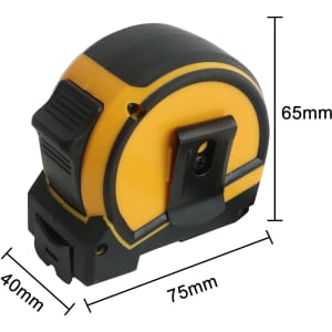 A yellow and black 5m tape measure with a measurement scale and a logo on its surface.